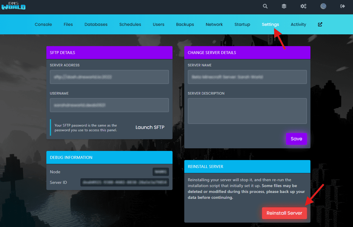 Reinstalling server location on the DNSworld dash