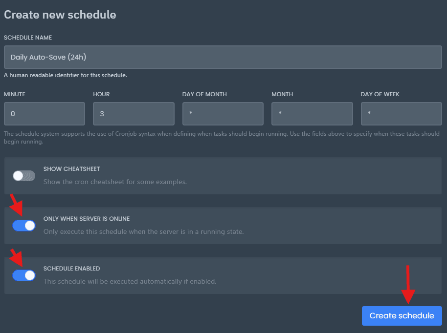 Create New Schedule Settings