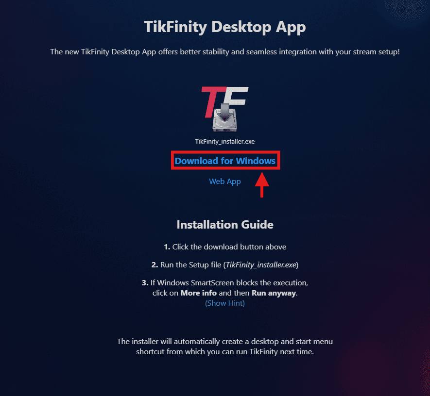 TikFinity Desktop App Download Screen