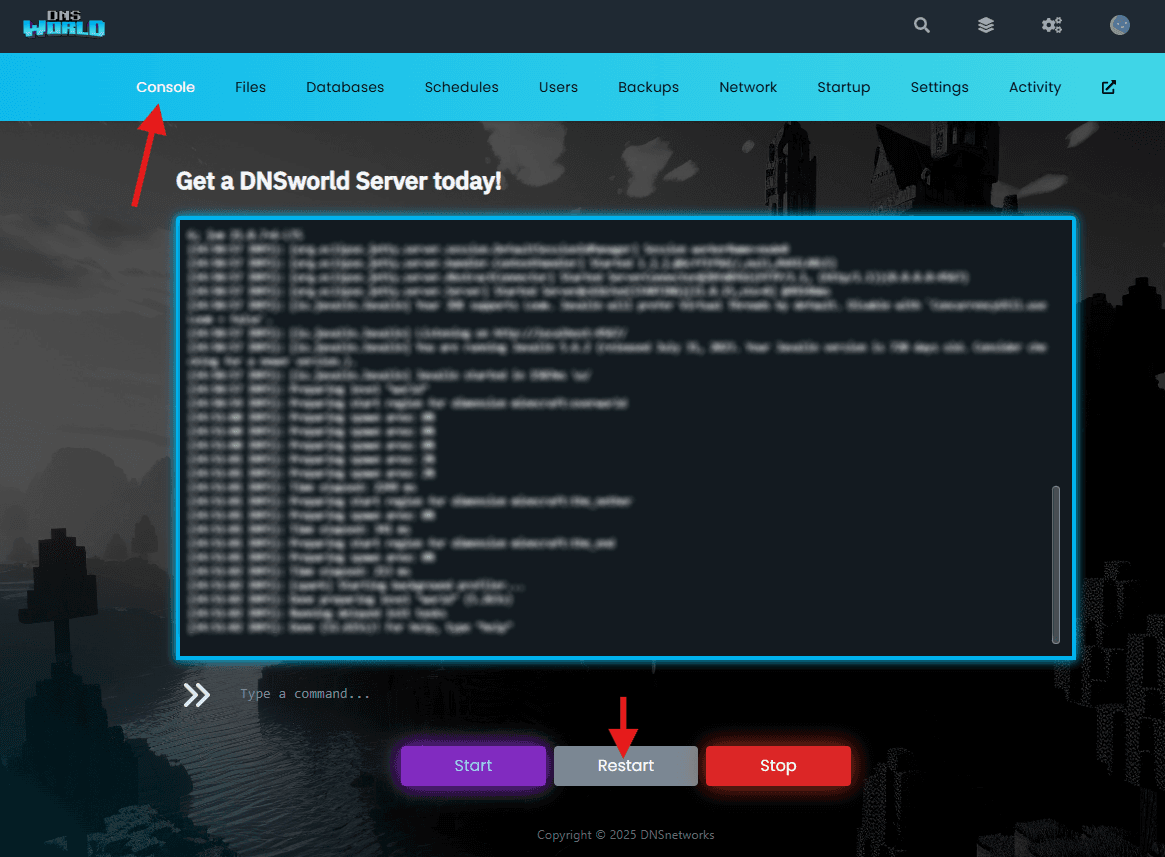 DNSworld Console and Restart location